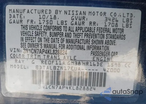 2019 Nissan Versa 1.6 Sv from USA, damaged, VIN 3N1CN7AP4KL828824